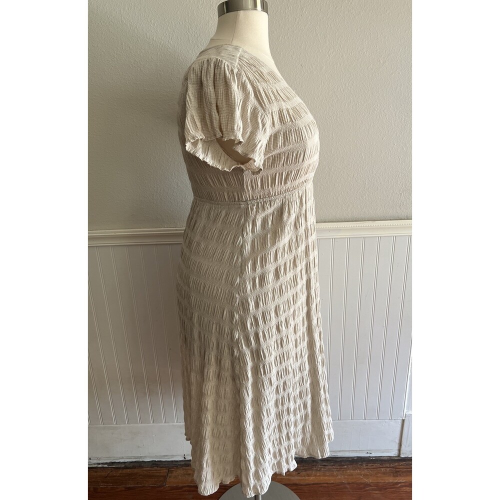 Piper & Scoot Midi Dress Crinkle Ruched Mini Gingham Print Beige White Plus 1X - Picture 3 of 12